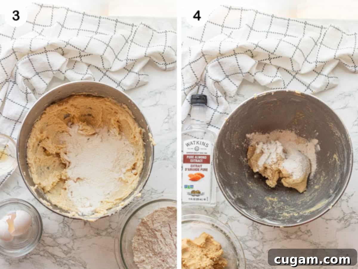 Neapolitan Layered Cookies 5 Photo collage showing flour being added to the creamed butter and sugar mixture in a metal bowl, and then a close-up of the resulting soft, sticky dough after adding flour and almond extract.