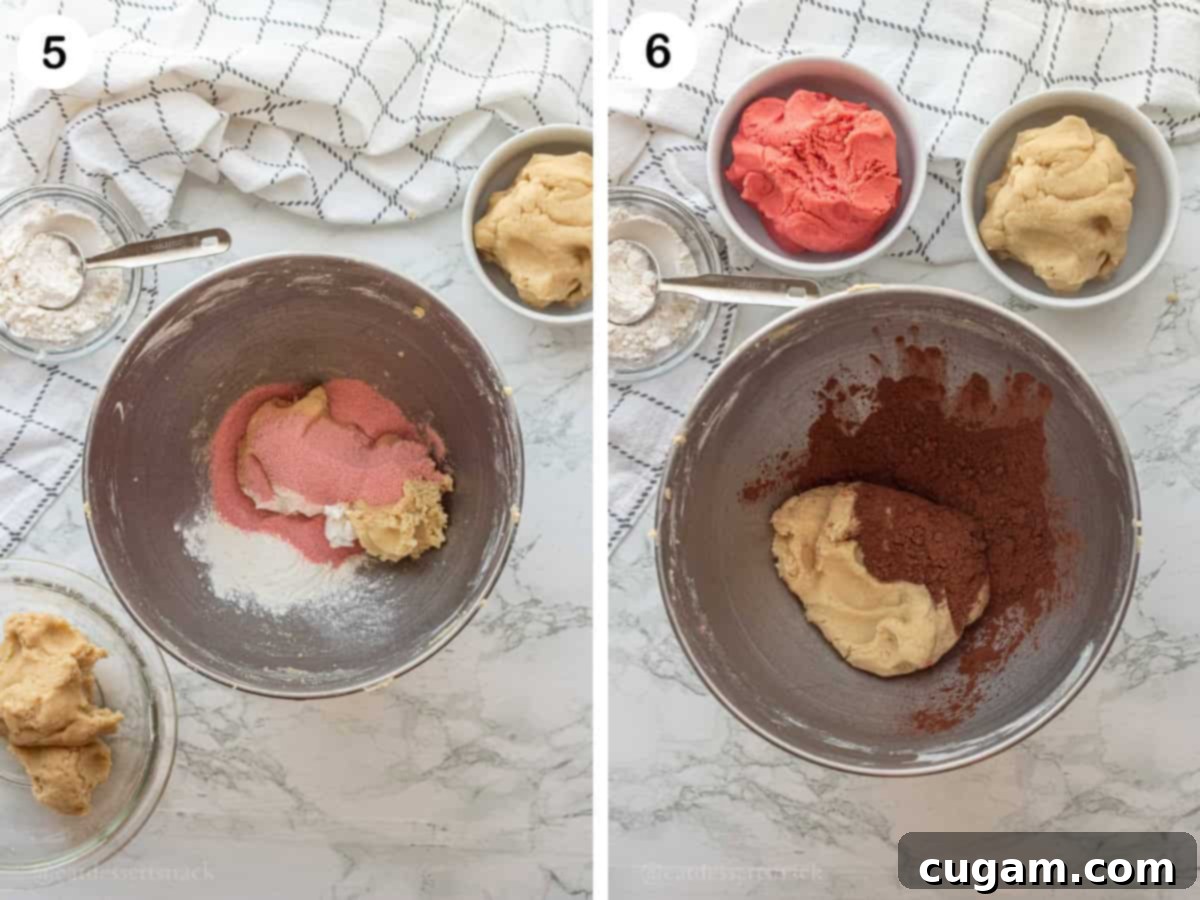 Neapolitan Layered Cookies 6 Photo collage showing strawberry jello powder being mixed into raw dough in one bowl, and cocoa powder being mixed into raw dough in another bowl, illustrating the flavoring process for the Neapolitan cookie doughs.