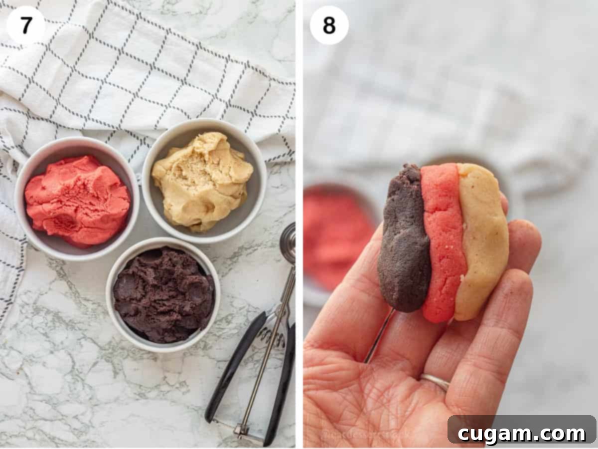 Neapolitan Layered Cookies 7 Photo collage showing separate bowls of pink strawberry dough, white vanilla dough, and brown chocolate cookie dough, followed by a hand holding three small pieces of each dough, ready for assembly.