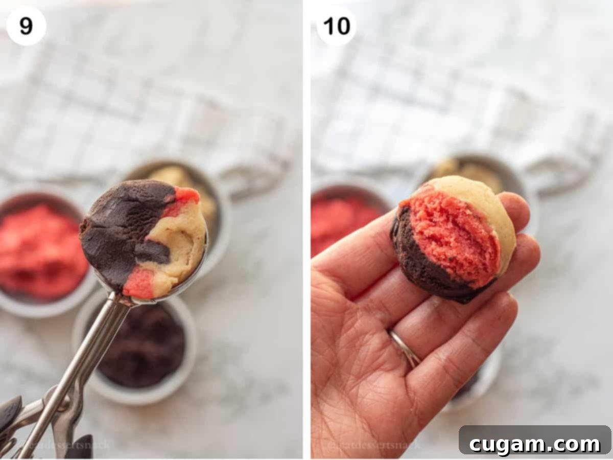 Neapolitan Layered Cookies 8 Photo collage illustrating cookie assembly: three different colored dough logs being pressed into a metal cookie scoop, and a hand holding a finished round cookie dough ball showing the distinct pink, vanilla, and chocolate swirls.
