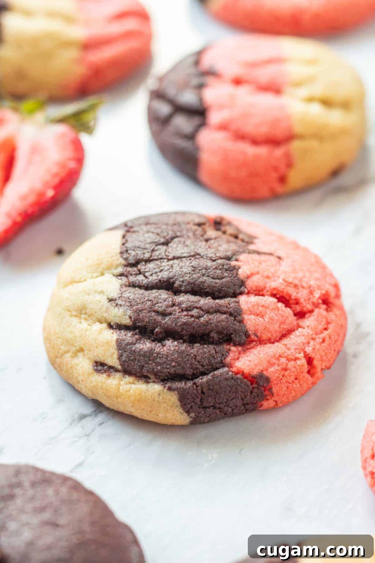 Neapolitan Layered Cookies 10 A perfectly baked Neapolitan cookie, showcasing its distinct vanilla, chocolate, and strawberry layers, partially cut with a fresh strawberry half on a marble surface.