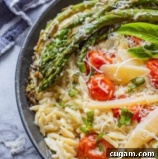 Black pan of cooked orzo, roasted asparagus and tomatoes, parmesan cheese on top with blue tea towel.