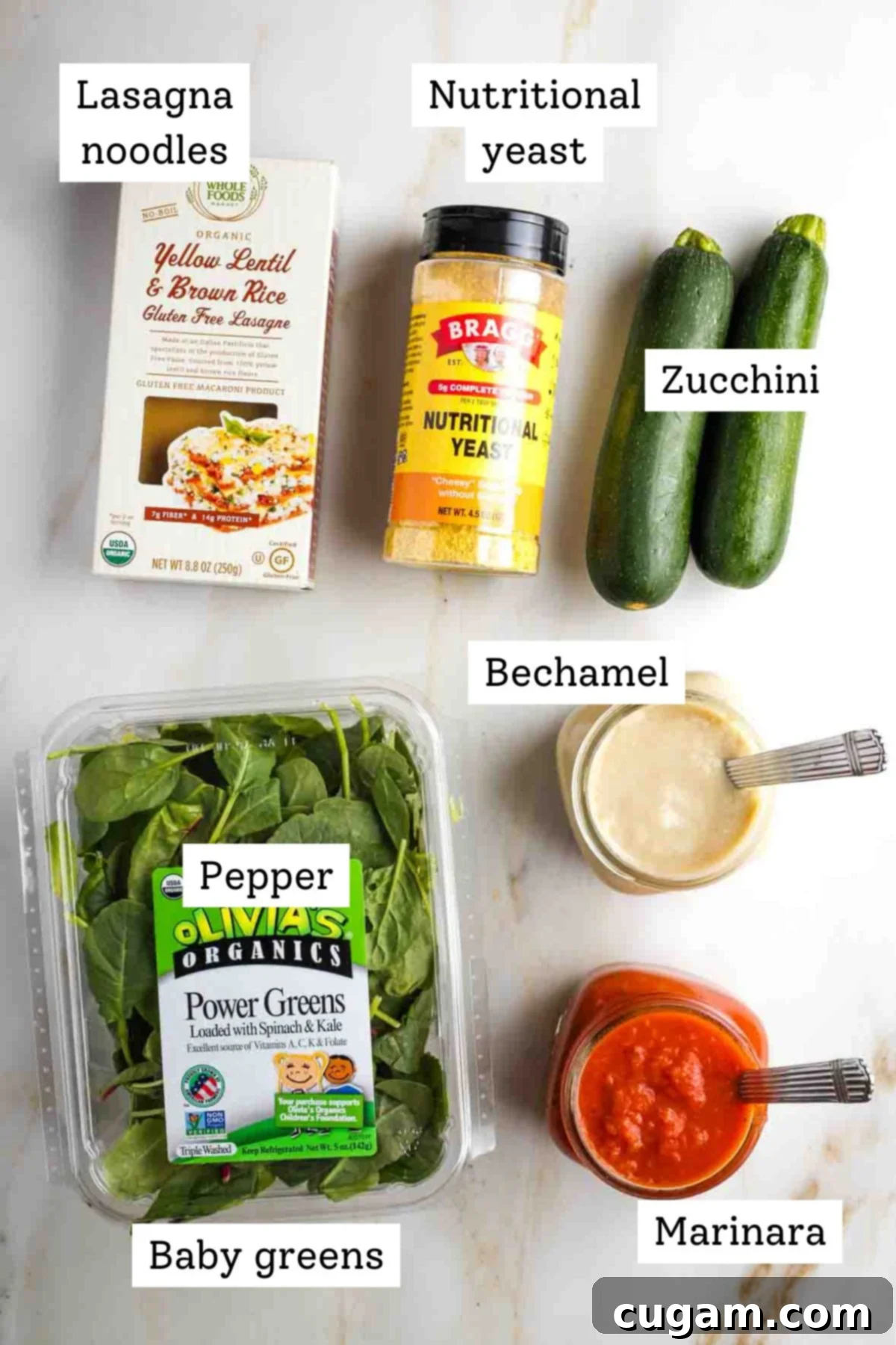 Labeled ingredients: lasagna noodles, nutritional yeast, zucchini, greens, bechamel, and marinara.