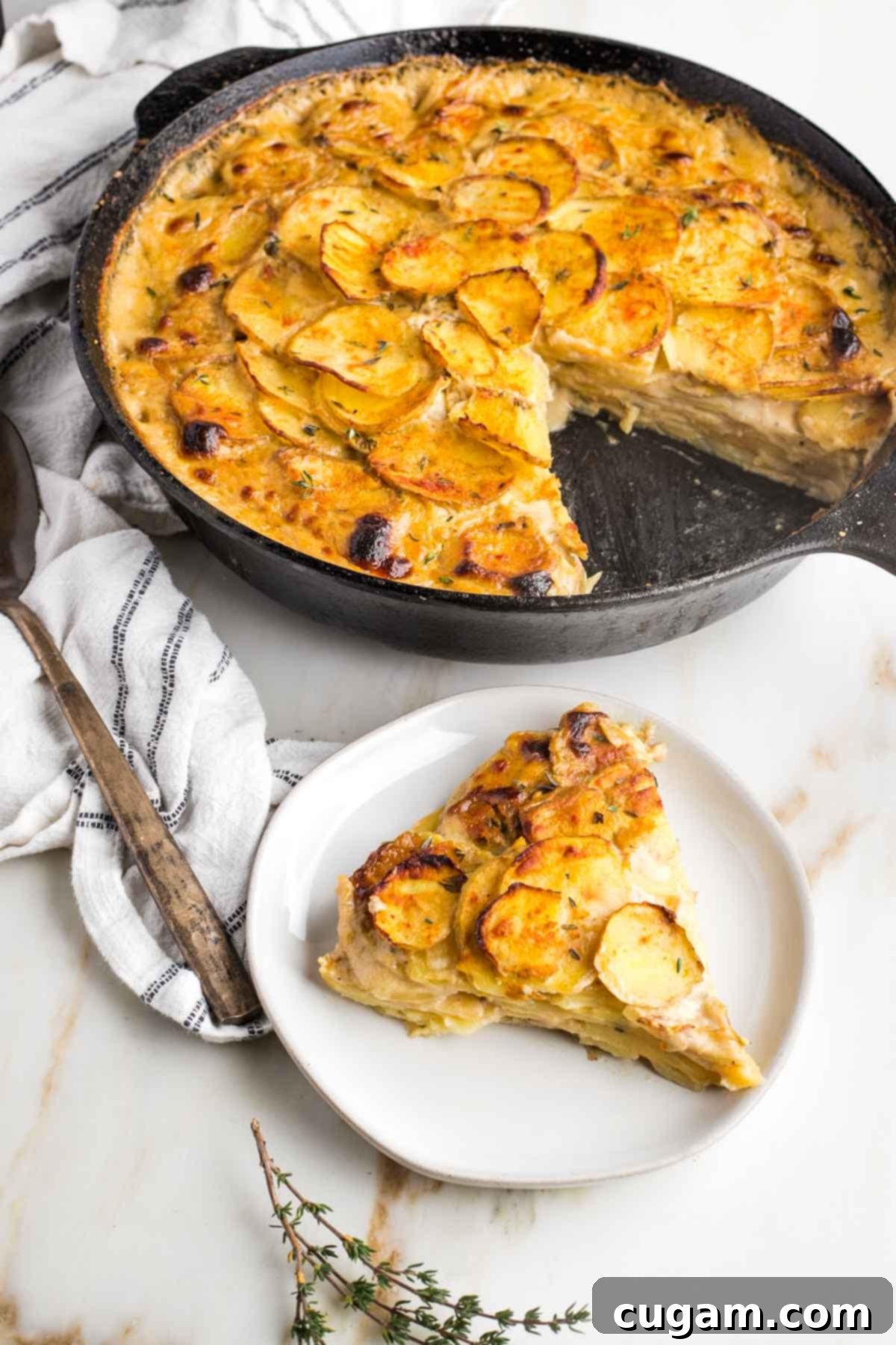 A slice of scalloped potatoes on a plate, taken from a cast iron skillet with bubbling and crisp on top scalloped potatoes.