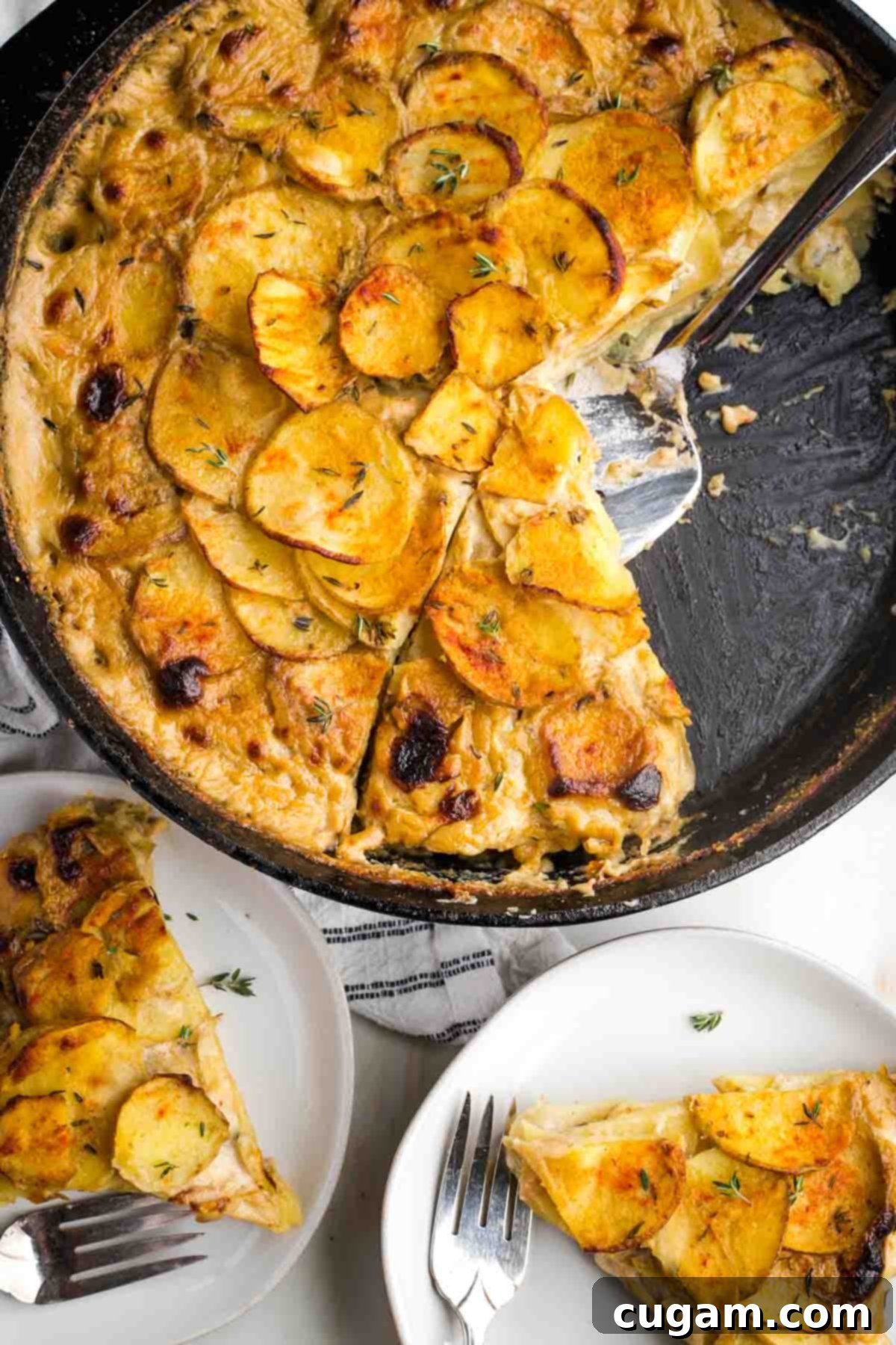 Skillet of scalloped potatoes, and triangle slices on two plates.