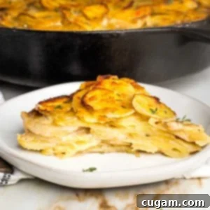 Side view of a slice of scalloped potatoes, browned on the top, with the skillet in the background.
