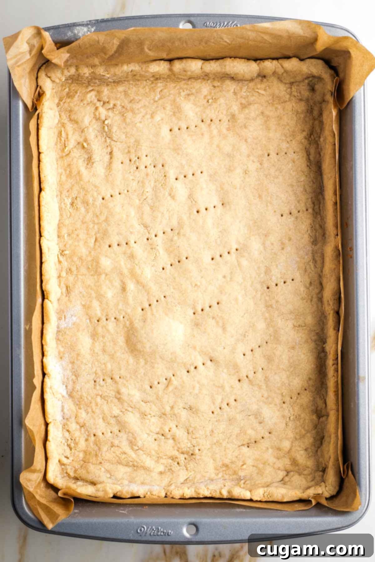 Prebaked pie crust on a rectangular pan. 