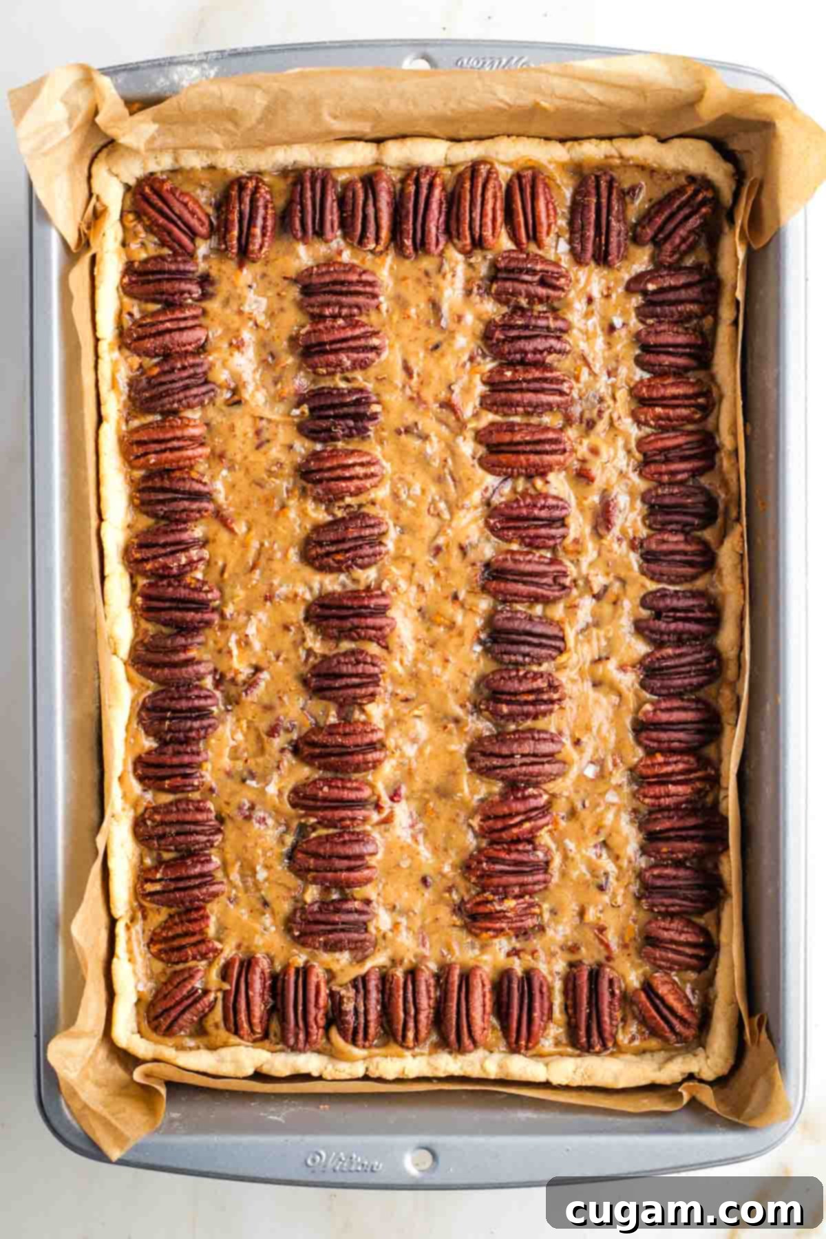 Pecan halves on top of caramel spread in a pie crust in a rectangle baking pan. 