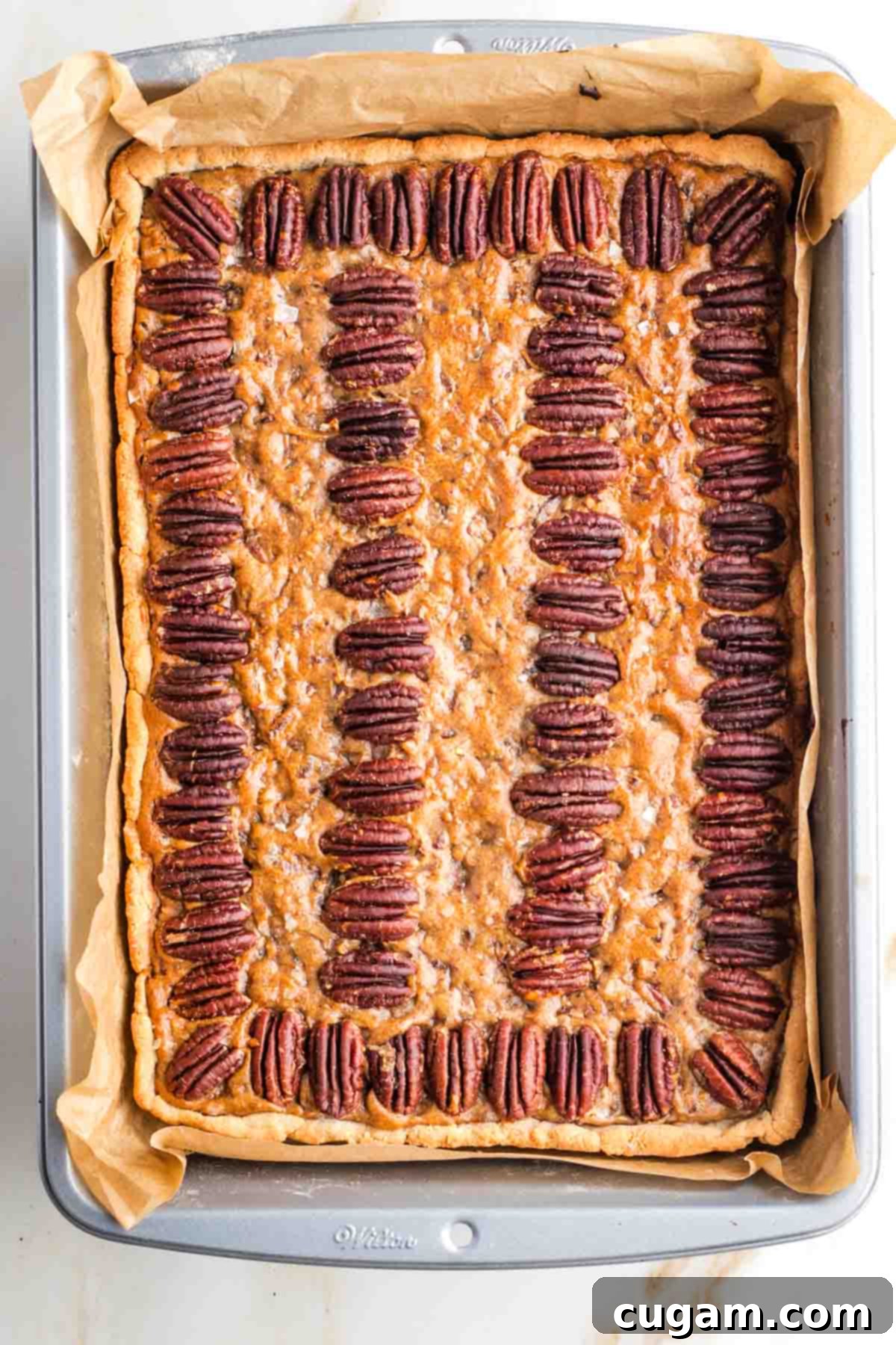 Rectangular pecan pie in a baking pan. 
