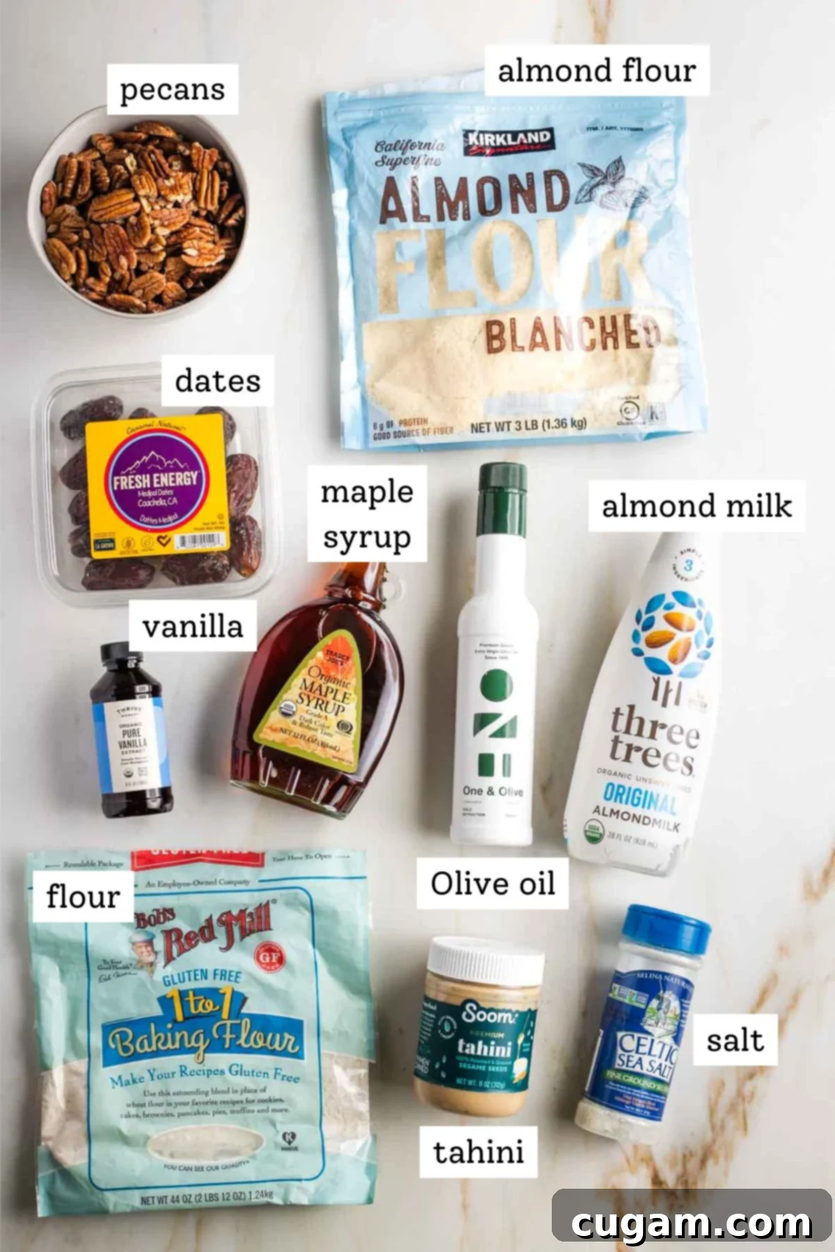 Labeled ingredients to make vegan pecan pie bars without corn syrup. 