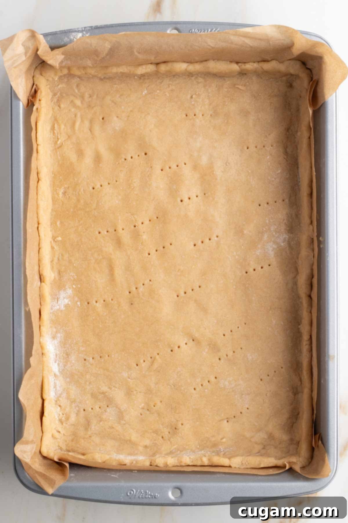 Pie crust pressed into rectangular baking dish, with fork pricks. 
