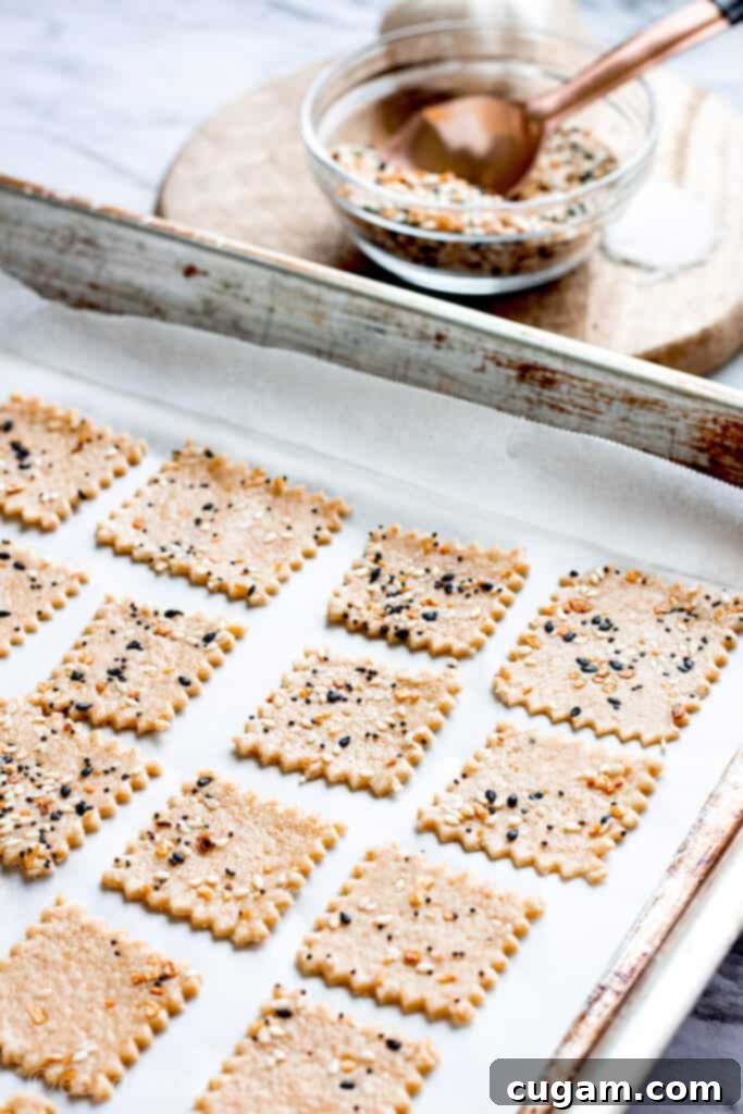 Unbaked sourdough discard crackers, cut into squares and laid out on a baking sheet, with a small bowl of spices in the blurred background.