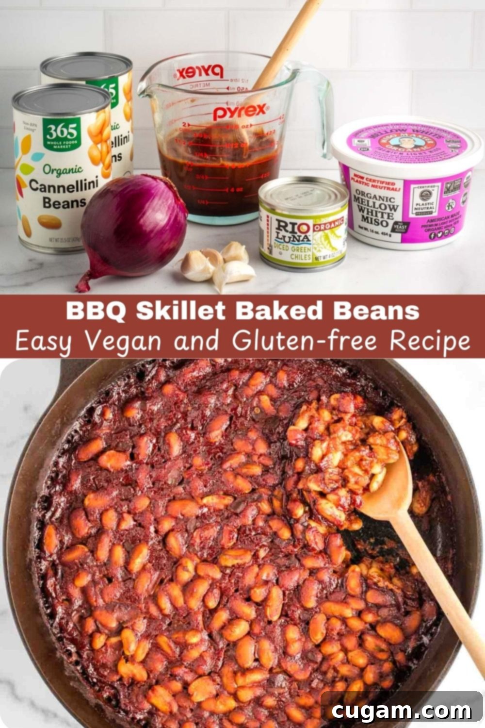 A comprehensive flat lay image showing all the ingredients for Vegan BBQ Baked Beans on one side and the finished bubbling dish in a cast iron skillet on the other, highlighting the ease and deliciousness of the recipe.