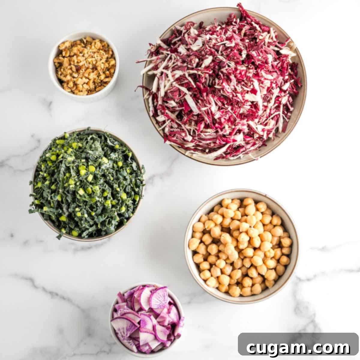 Vibrant Radicchio Chickpea Salad with Tahini 11 Prep bowls filled with chopped walnuts, julienned radicchio, thinly sliced kale, chickpeas and small pieces of purple daikon radish.