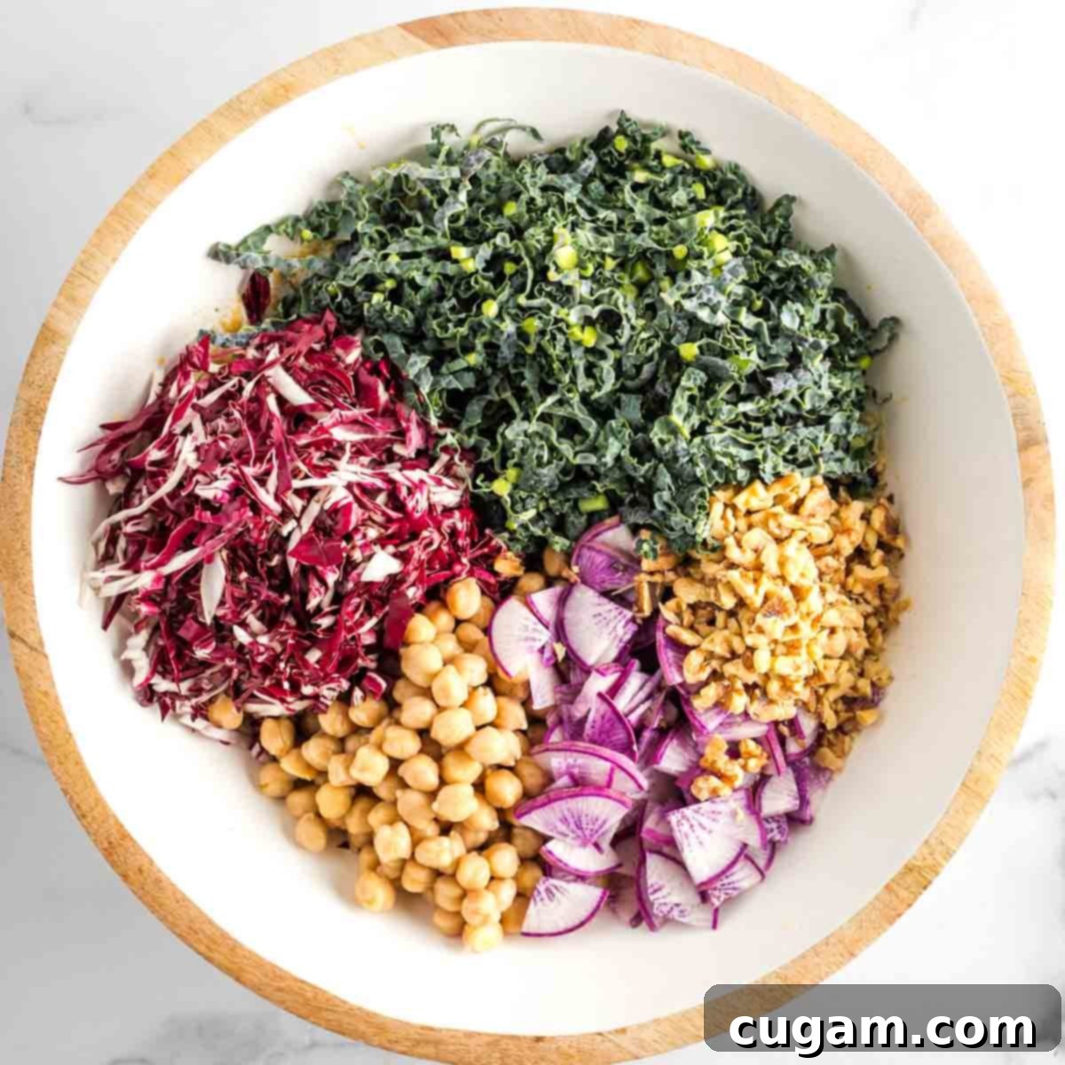 Vibrant Radicchio Chickpea Salad with Tahini 15 Sections of julienned kale, radicchio, chickpeas, purple daikon radish and walnuts in a large salad bowl.