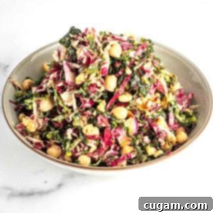Vibrant Radicchio Chickpea Salad with Tahini 18 Colorful chopped salad with kale, radicchio, purple daikon, chickpeas and walnuts.