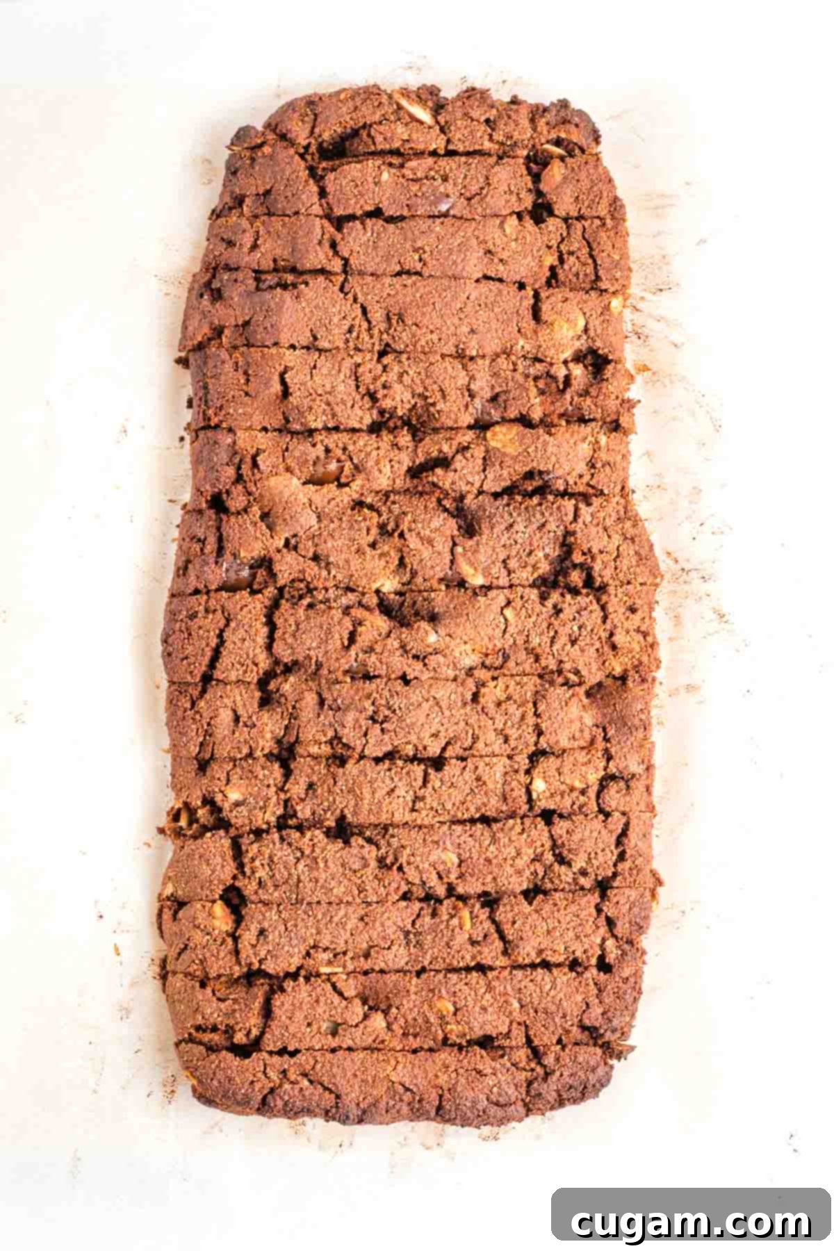 The baked chocolate biscotti loaf, beautifully cut into individual slices, showcasing the chocolate chips and almonds.