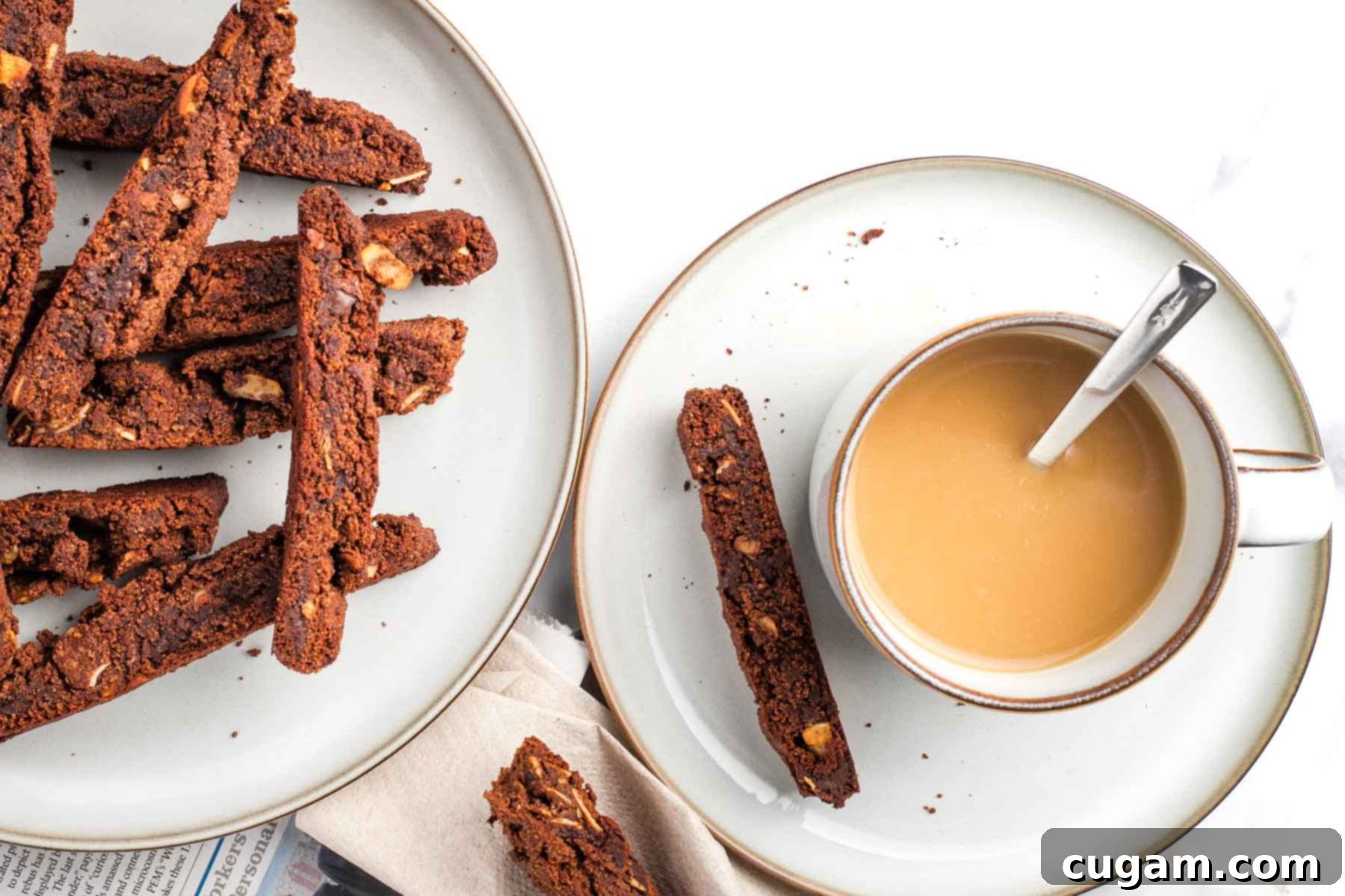 A generous plate of chocolate almond biscotti, with a single slice on a smaller plate next to a steaming cup of coffee, highlighting their dunkable appeal.