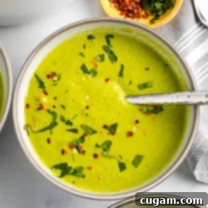 Bright green pureed soup, sprinkled with fresh herbs and crushed red pepper.