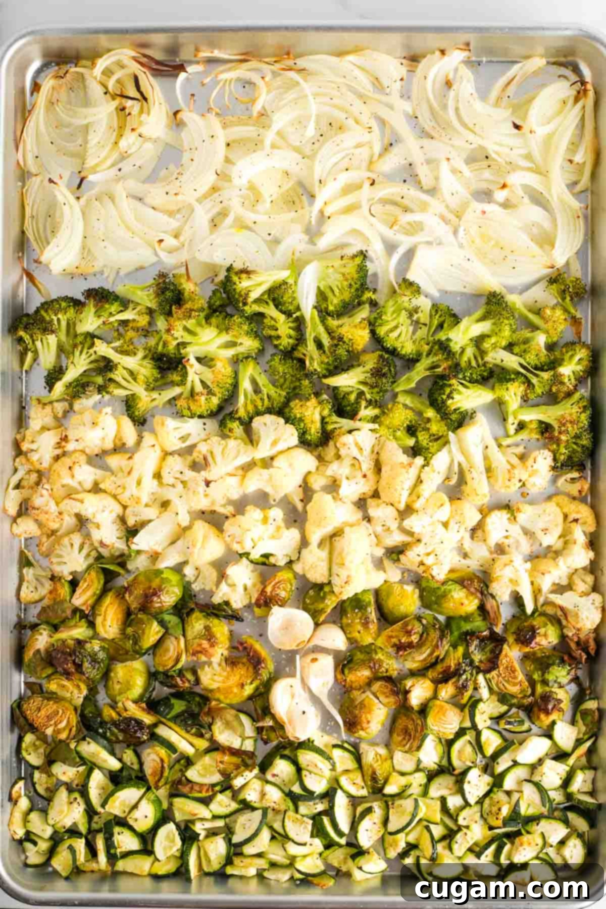 Rows of roasted onion, broccoli, cauliflower, zucchini and garlic cloves.