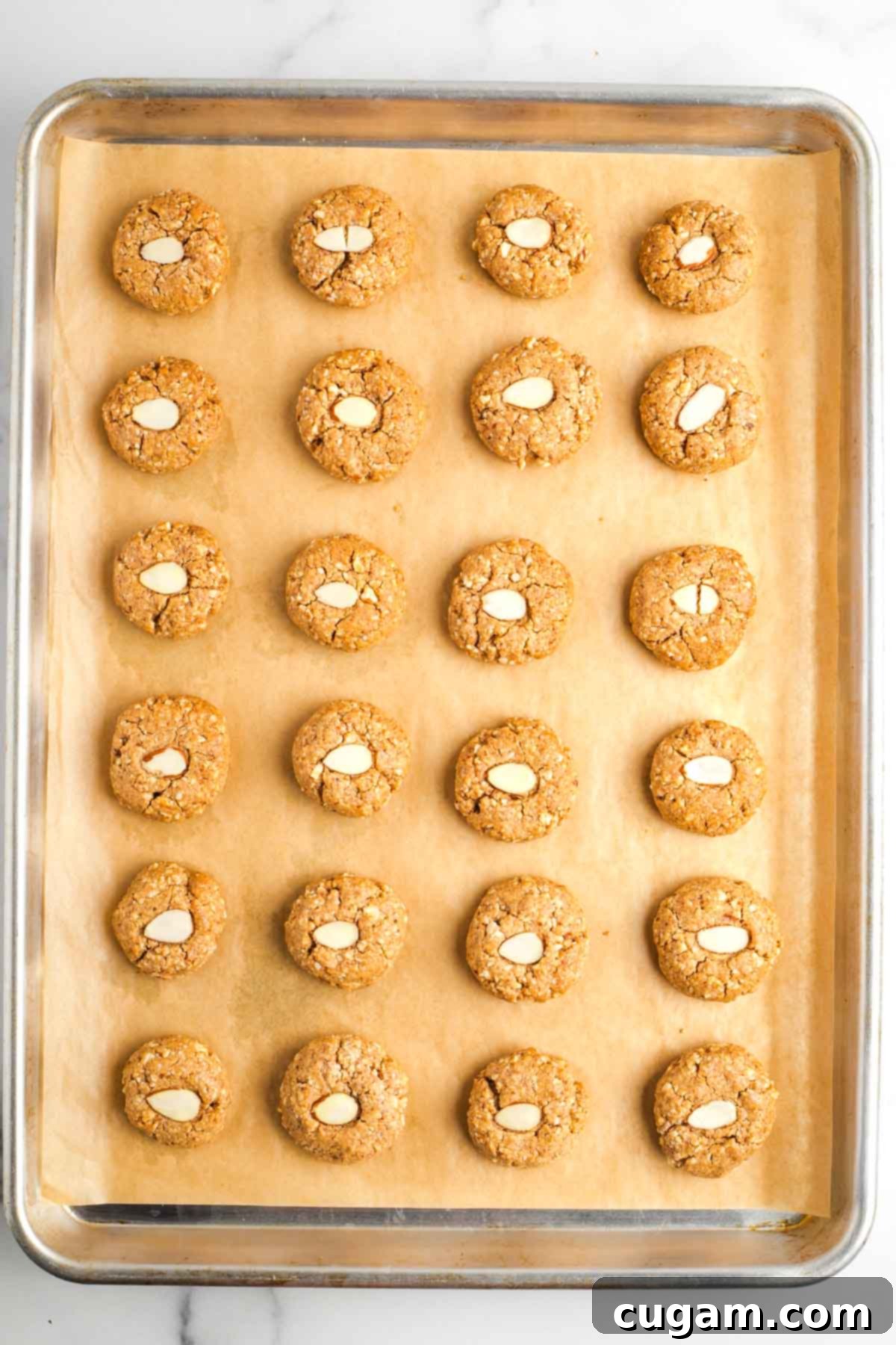 Decadent Vegan Almond Macaroons Enrobed in Chocolate 14 Almond macaroon cookies with decorative almond in the center just out of the oven, still on a cookie sheet.