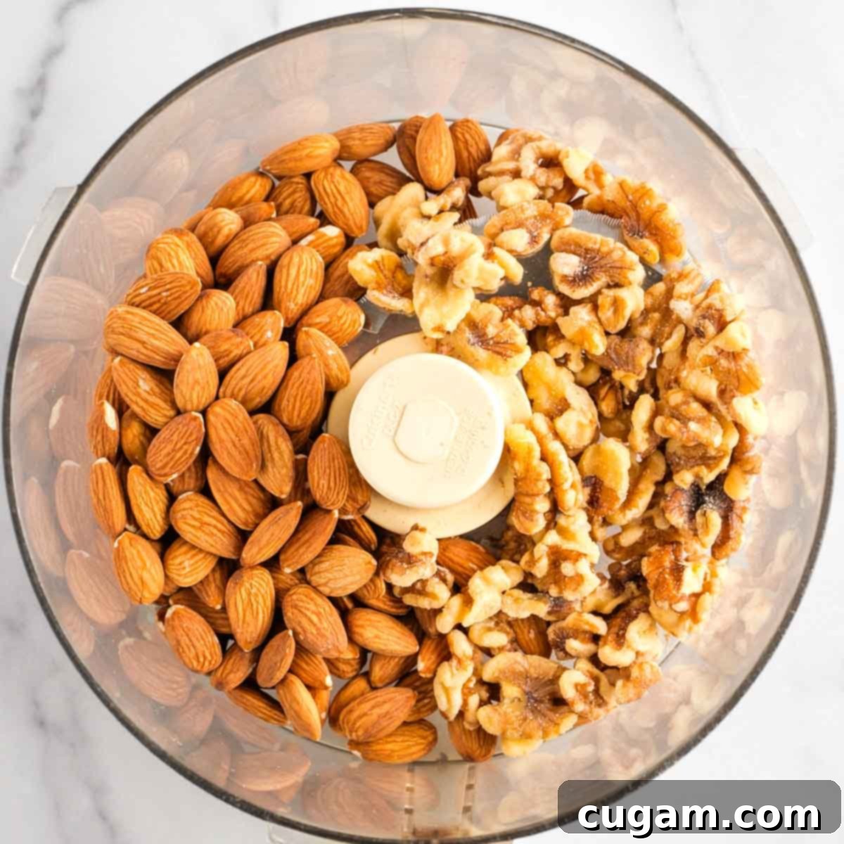 Decadent Vegan Almond Macaroons Enrobed in Chocolate 6 Food processor bowl with whole almonds and whole walnuts.