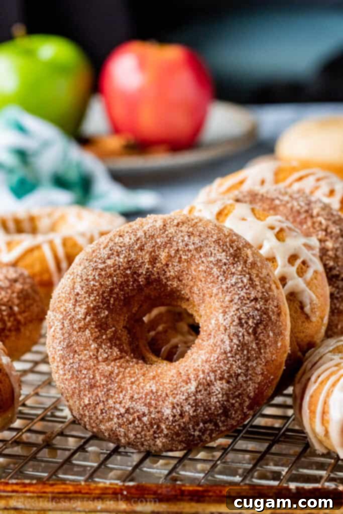 Baked apple cider donut on wire rack and metal pan with other baked donuts. 