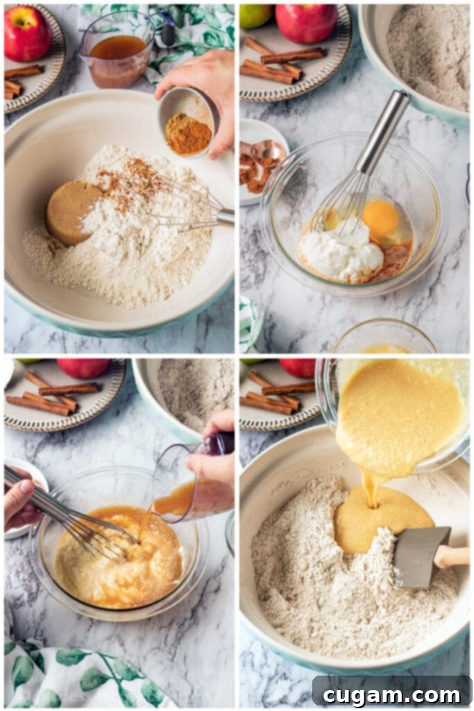 process of apple cider baked donuts being made: dry ingredients in a bowl, wet ingredients in a bowl, apple cider being added to bowl, we ingredients being added to dry ingredients. 