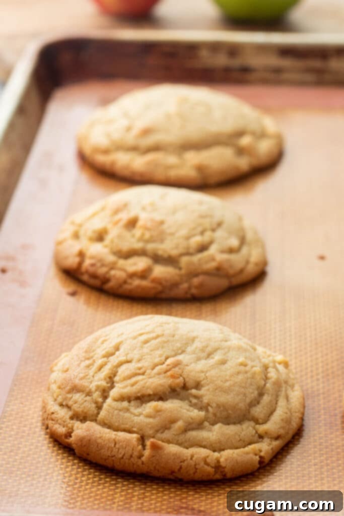 Baked Caramel apple cookies on baking sheet. 