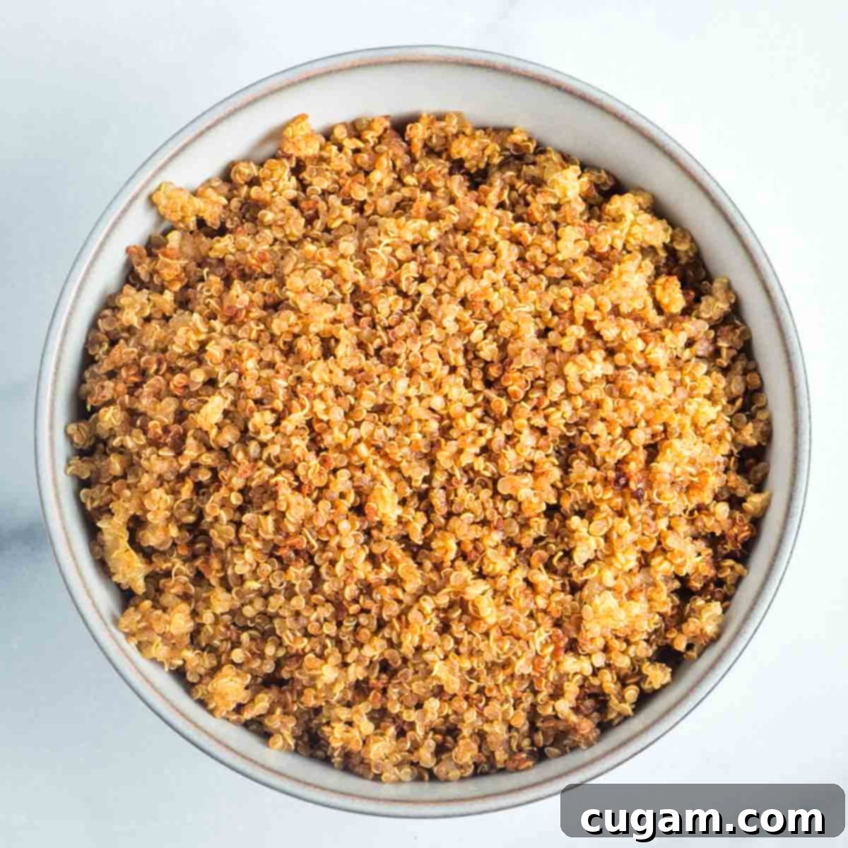 Bowl full of golden, crispy quinoa.