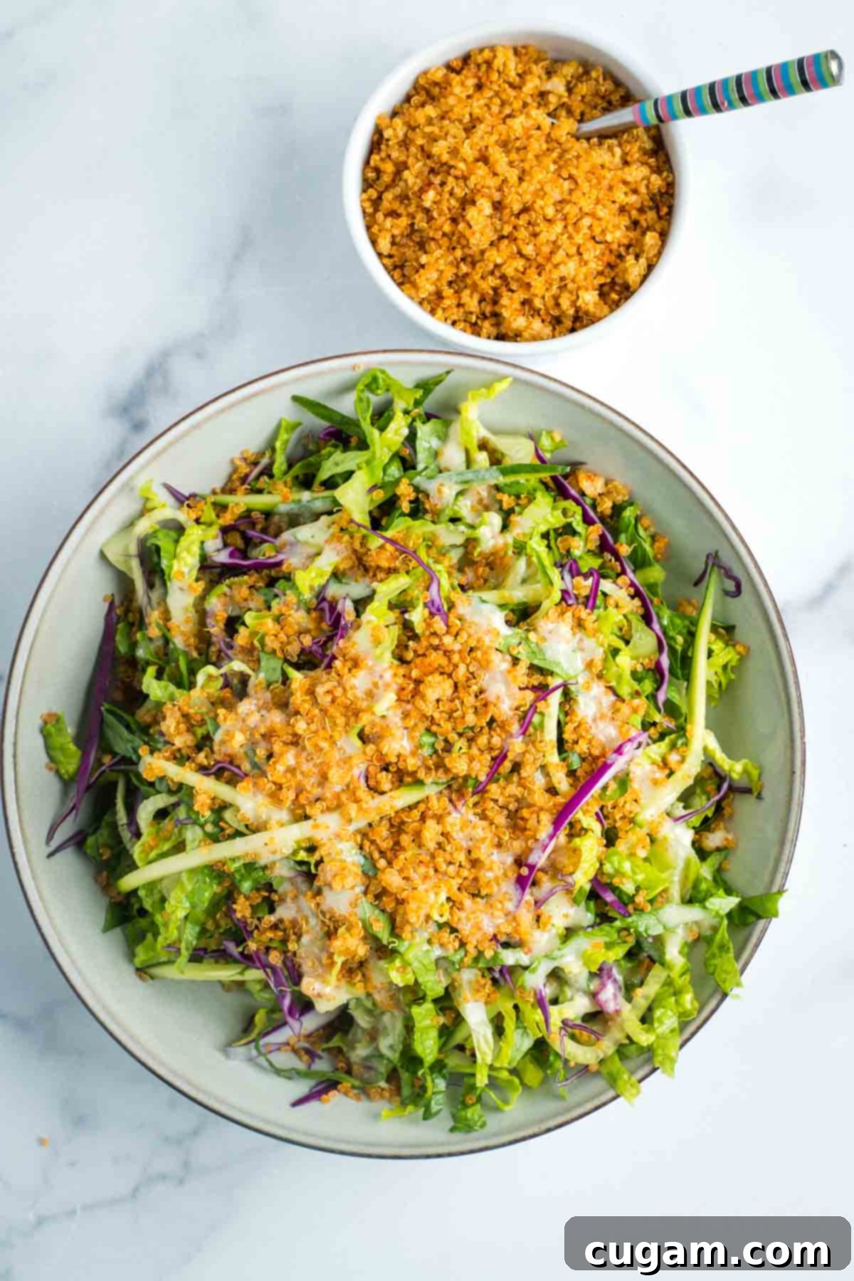 Simple salad topped with crunchy quinoa and caesar dressing. 