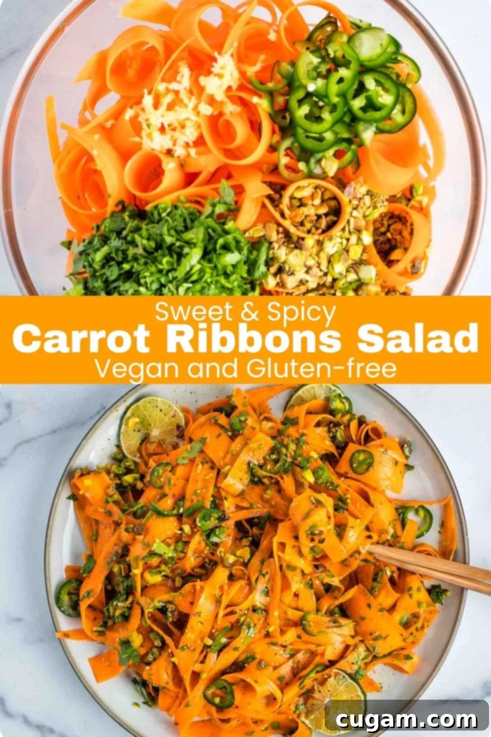 A final beauty shot of the Sweet & Spicy Carrot Ribbons Salad in a decorative bowl, garnished with extra pistachios and a lime wedge.