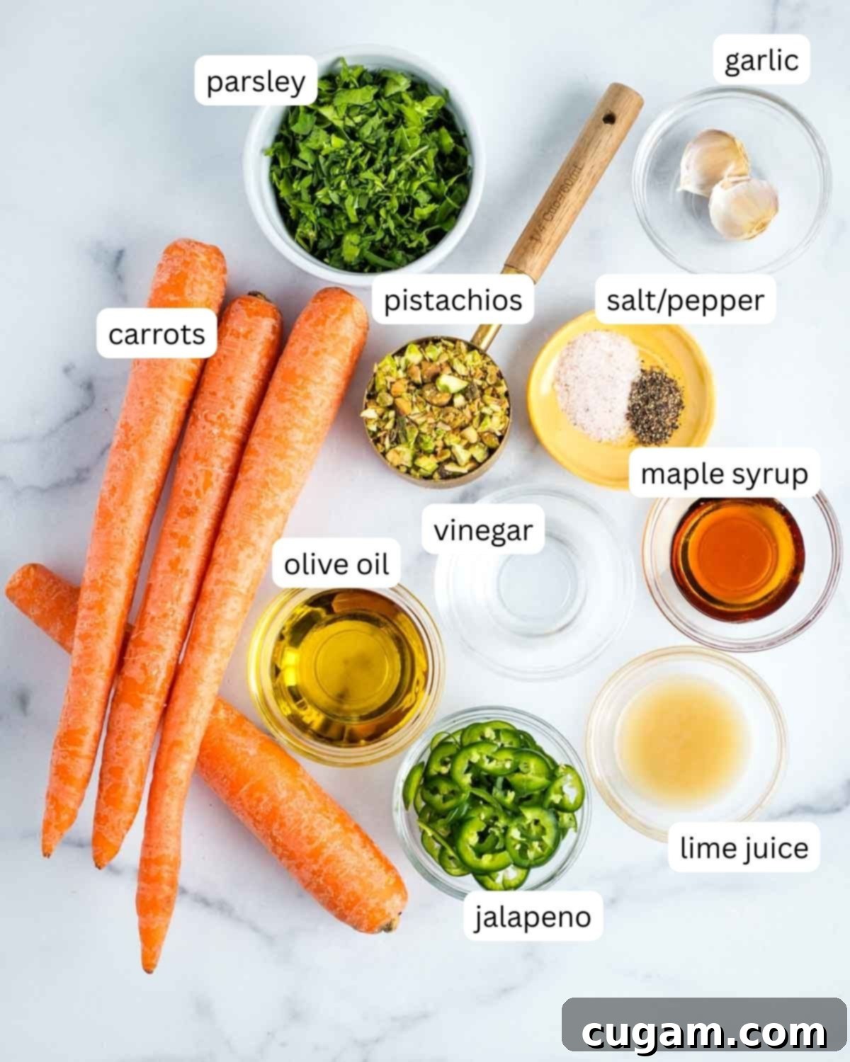 Labeled ingredients for sweet and spicy carrot ribbon salad: carrots, parsley, pistachios, jalapenos, oil, vinegar, lime juice, maple syrup. All fresh and vibrant.