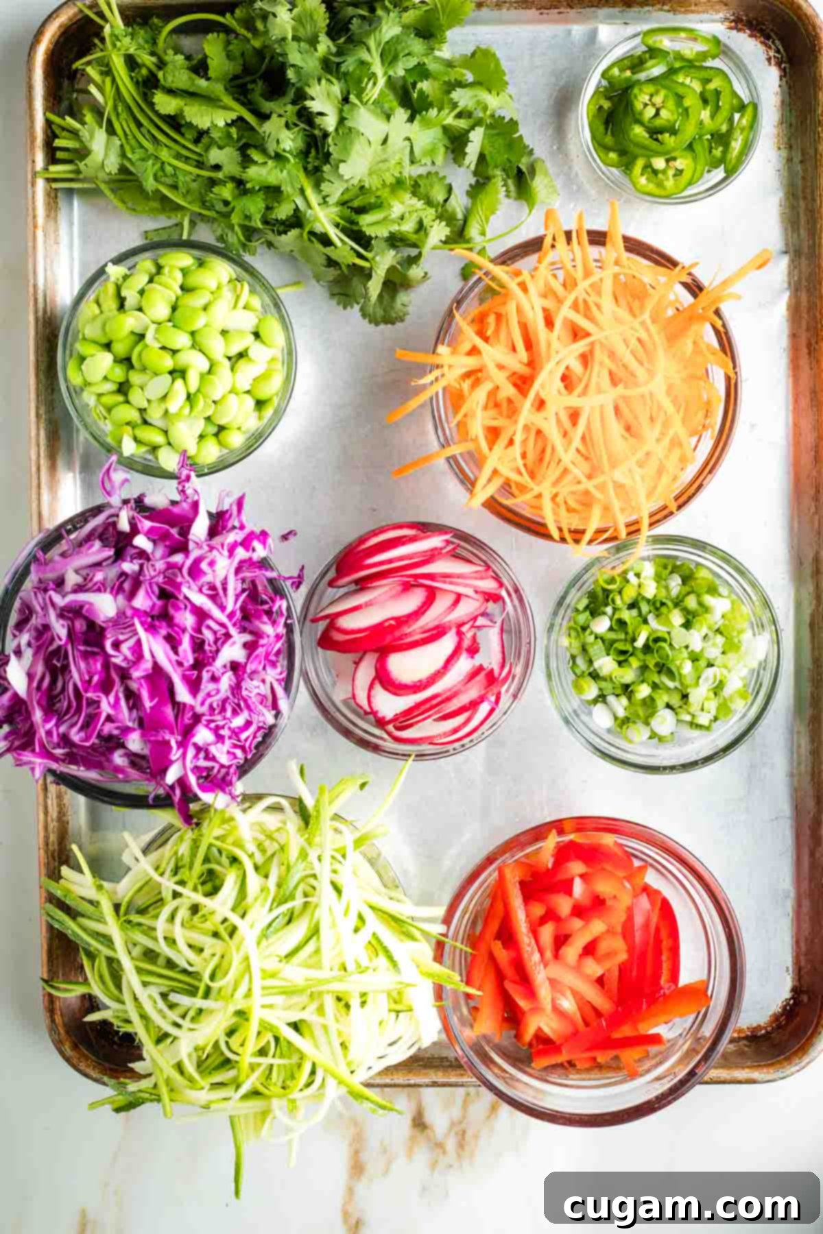 Small bowls with julienned carrots, cabbage, zucchini, red peppers and thinly sliced radish, scallion, jalapenos. plus cilantro and edamame beans.