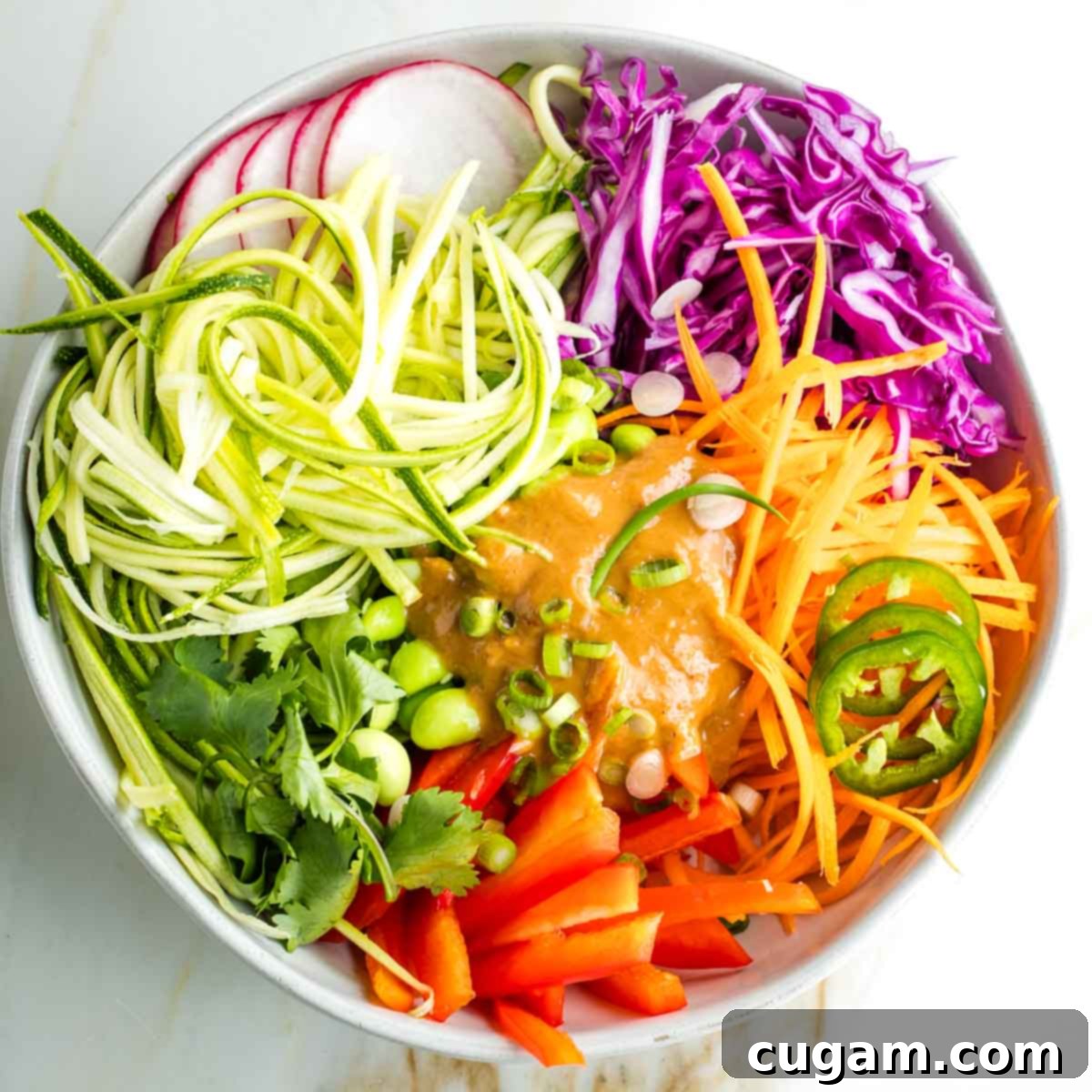 Brightly colored cabbage, carrots, peppers, radish, jalapeno with a pool of peanut sauce in the center.
