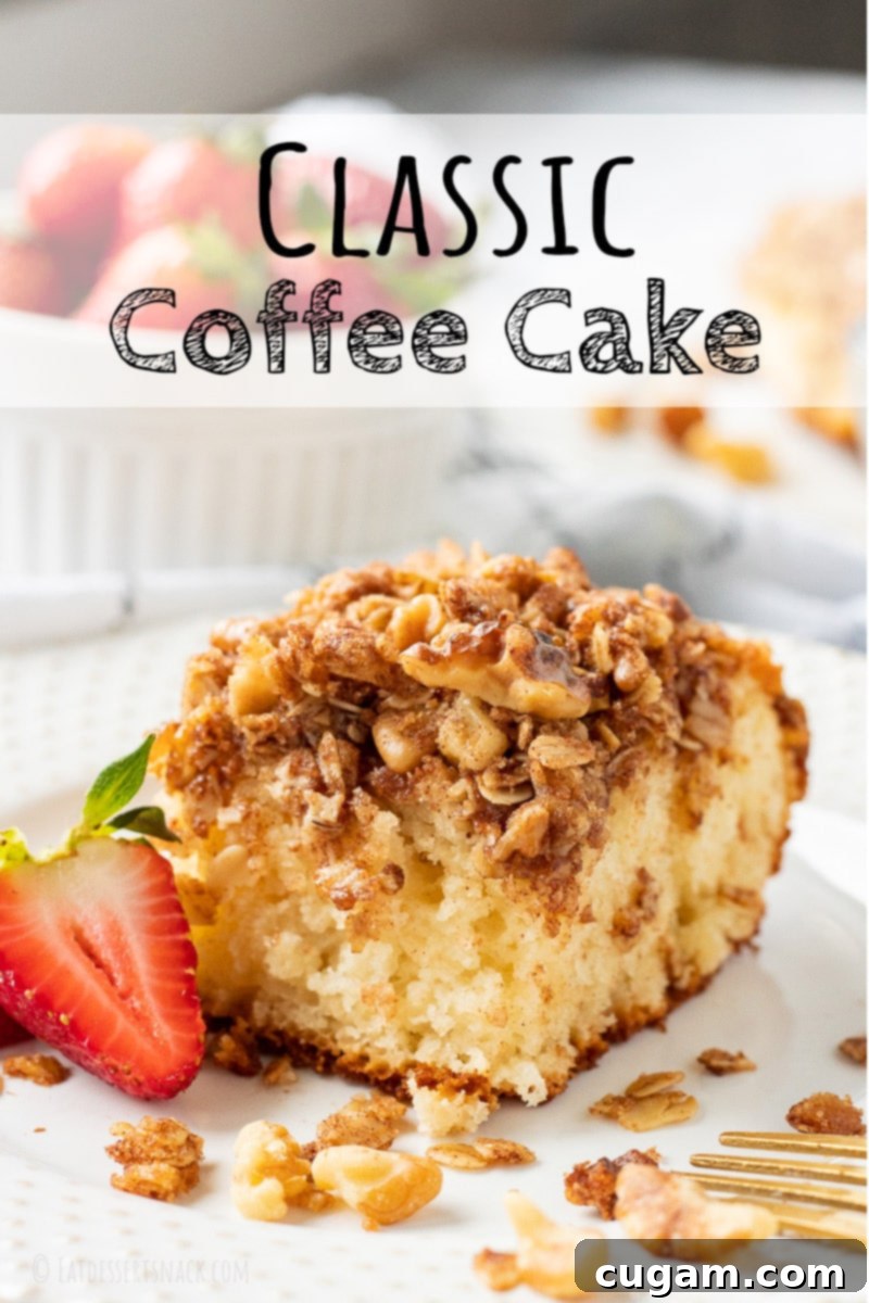 A beautifully baked Classic Coffee Cake, unsliced, ready for serving, perfect for a festive holiday or relaxed weekend breakfast. Easy to prepare overnight!