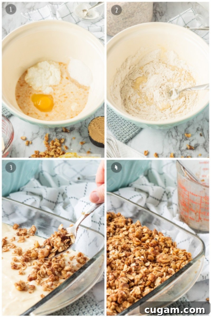 Collage showing the process of making classic coffee cake: wet ingredients being mixed in a blue bowl, combining wet and dry ingredients, and sprinkling the oat and nut topping over the raw batter before baking. Ideal for an easy make-ahead breakfast!