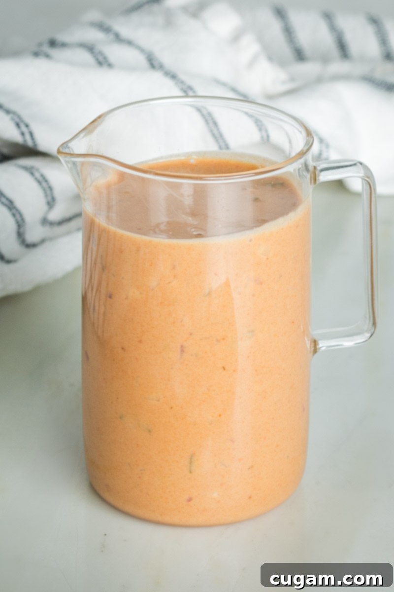 The finished, perfectly pourable homemade Russian dressing.