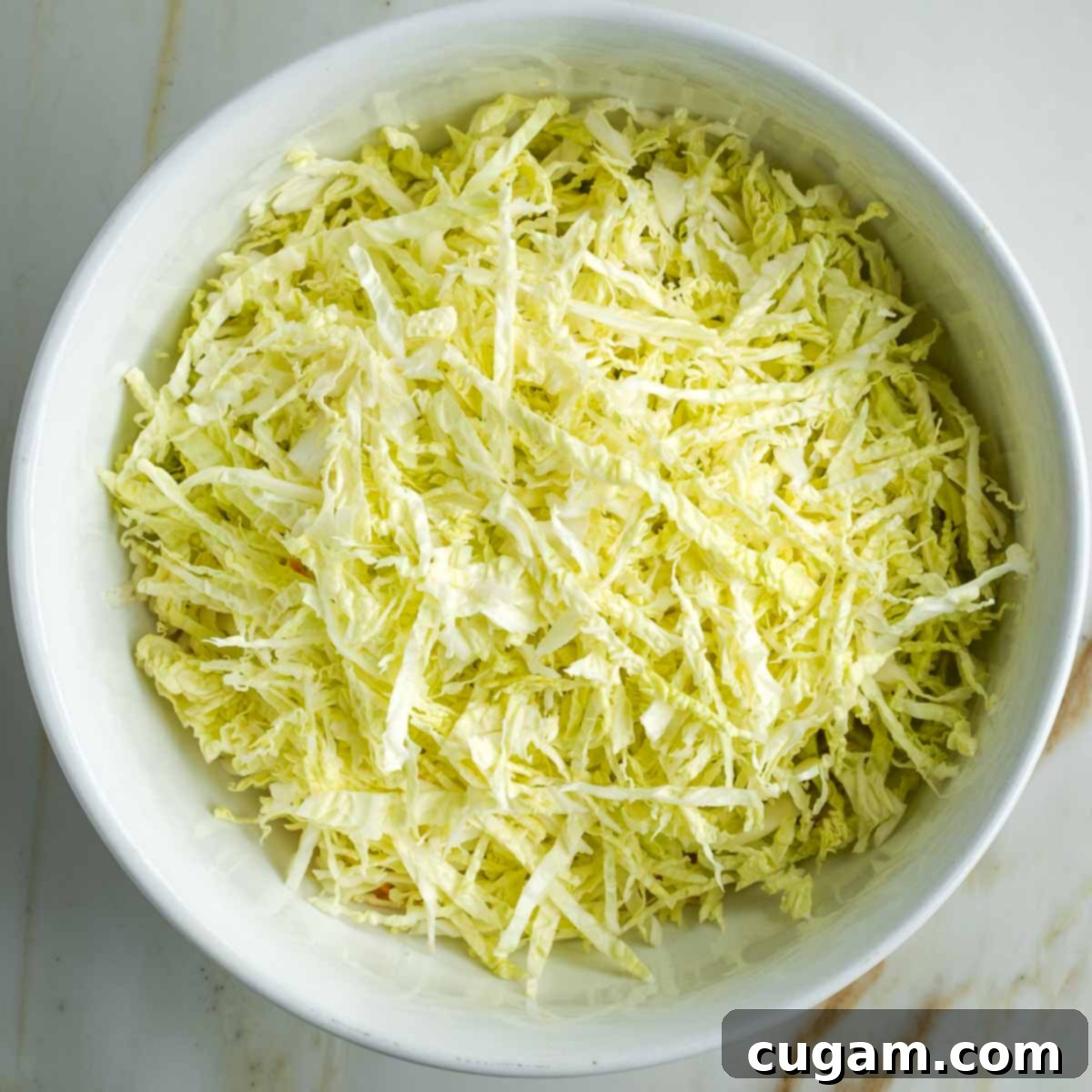 Zesty Russian Slaw 6 Shredded savoy cabbage in a white bowl.