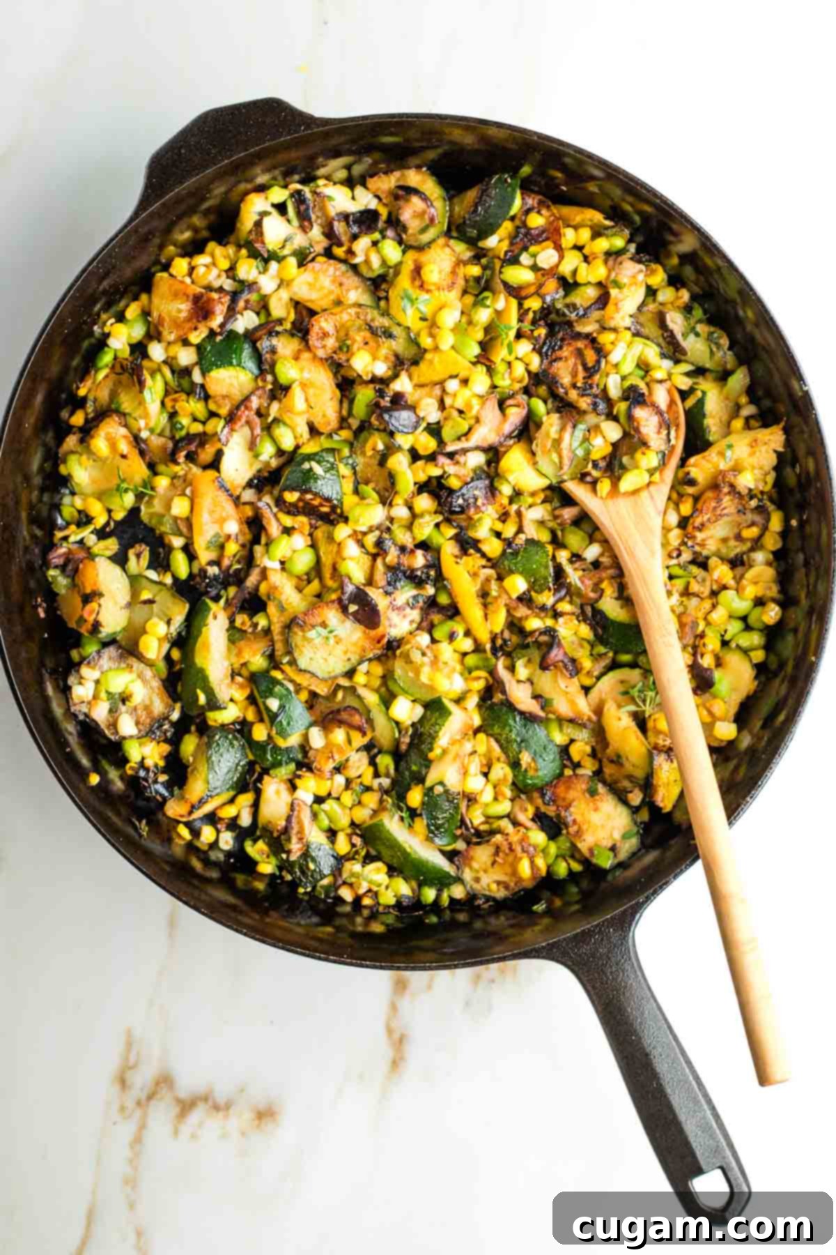A large serving of the vegan zucchini skillet dinner in a bowl, garnished with fresh herbs, ready to be eaten.