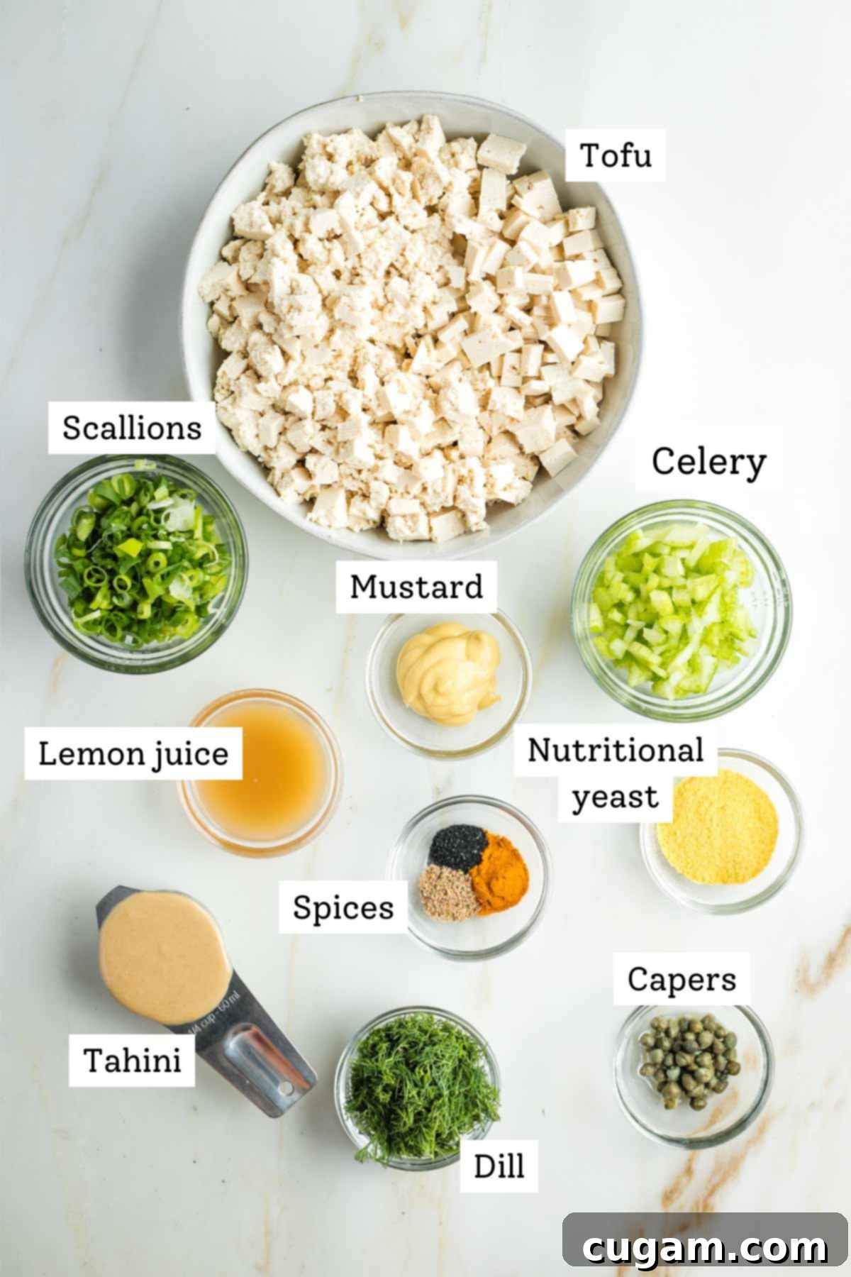 Labeled ingredients for vegan egg salad: tofu, scallions, mustard, lemon juice, tahini, spices, capers, celery. nutritional yeast.