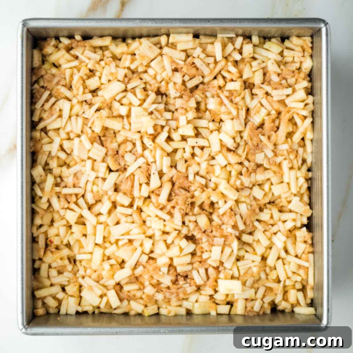 Small pieces of apples and spices spread evenly in a square pan on top of the bottom layer of pie dough.