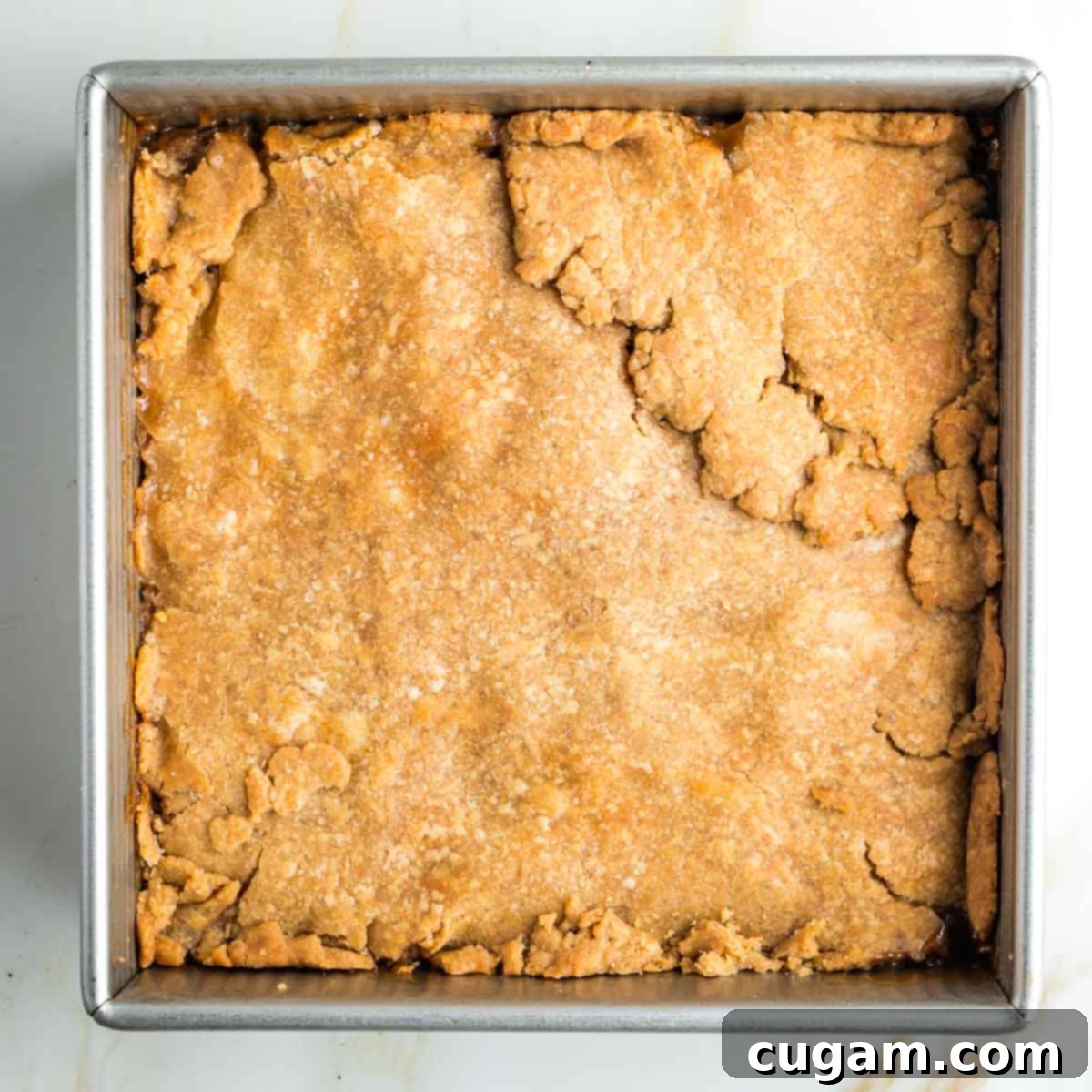 Baked apple pie bars in a square pan, with a golden-brown top crust and bubbling filling.