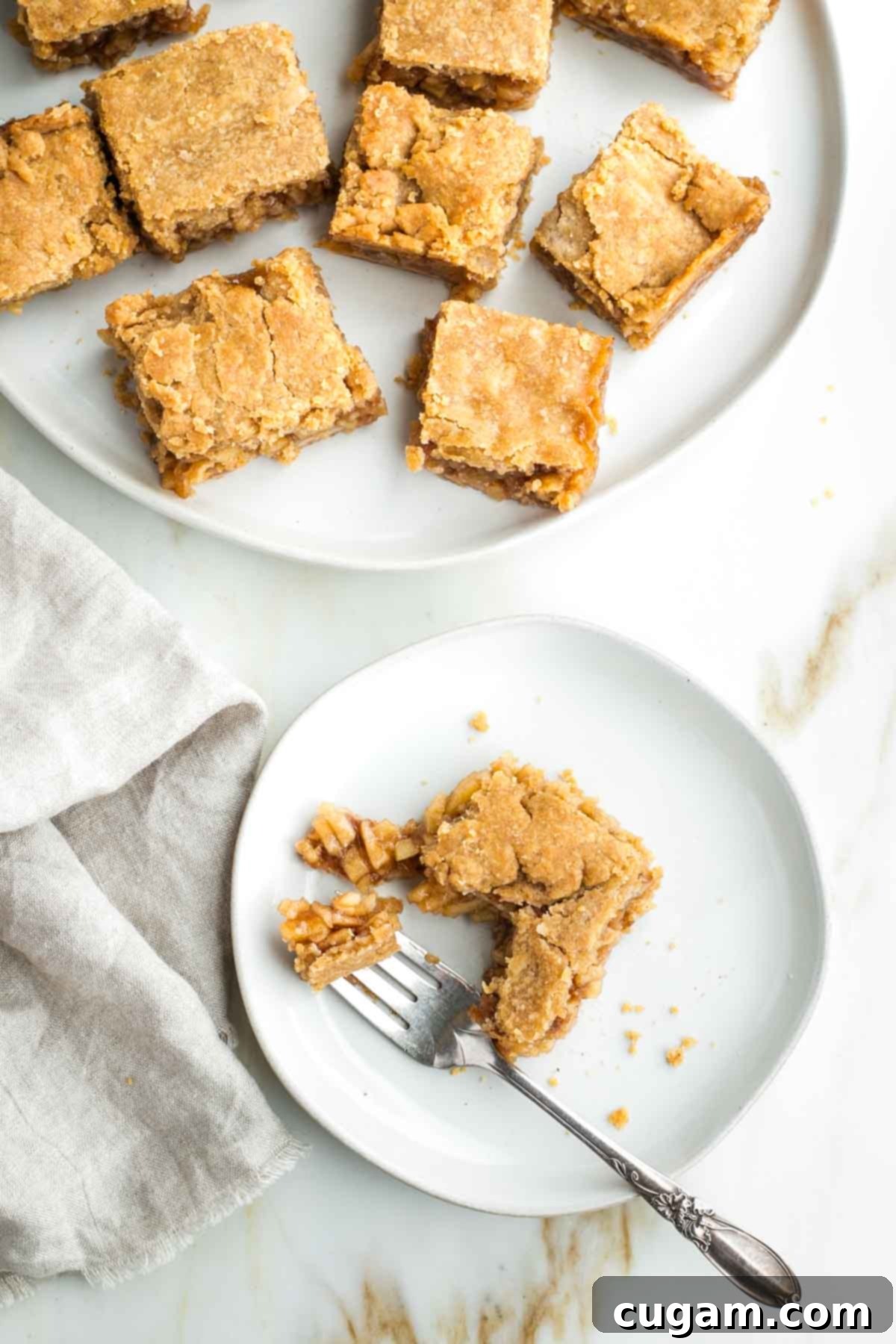 Apple pie bars, and one on a plate being eaten with a fork, showing the inside pieces of apples and flaky crust.