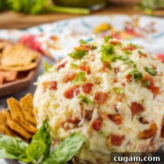 Bacon Pesto Cheeseball Perfection 7 Bacon Pesto Cheeseball on black plate with basil and crackers.