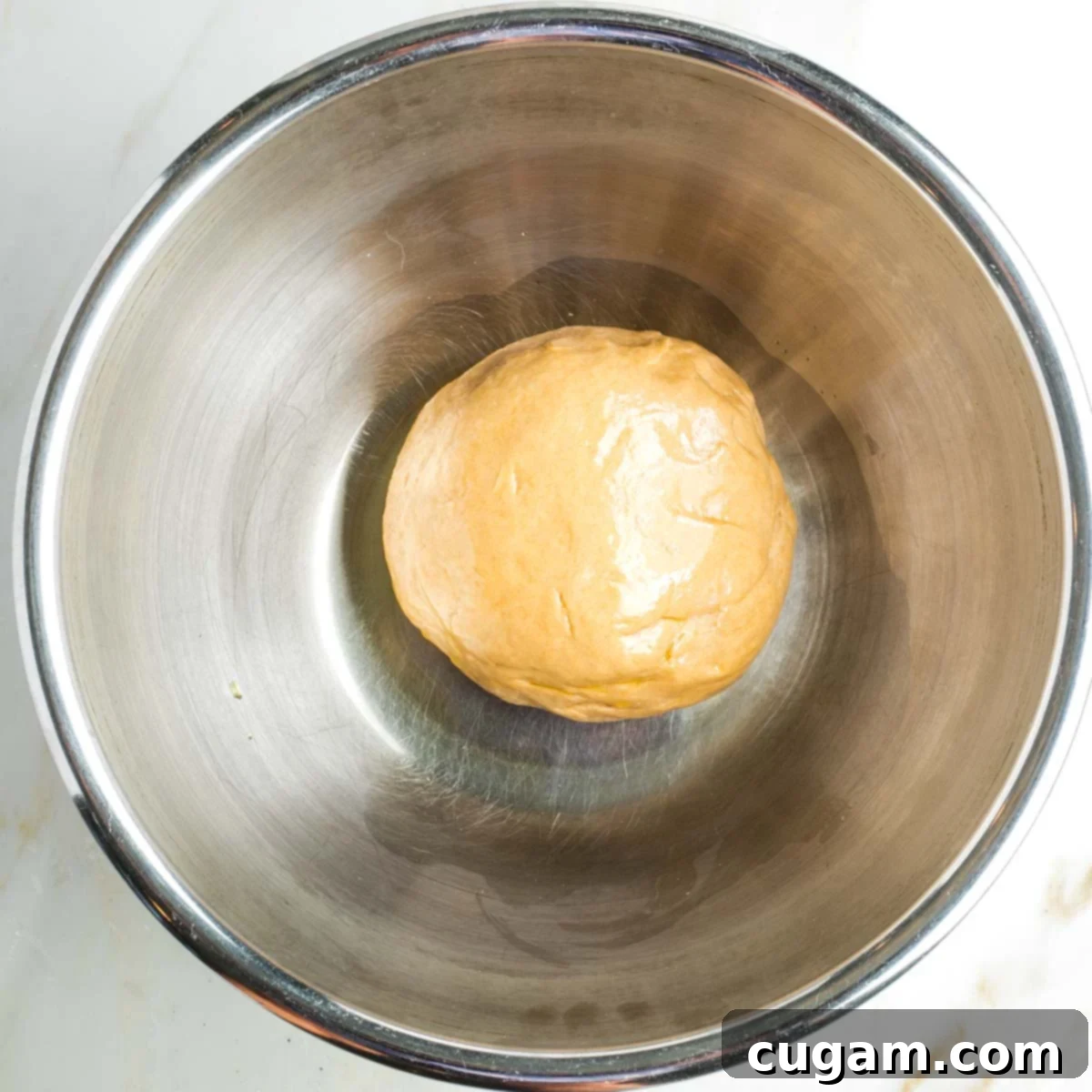 Golden Sweet Round Challah 19 Large metal bowl with an oiled ball of dough.