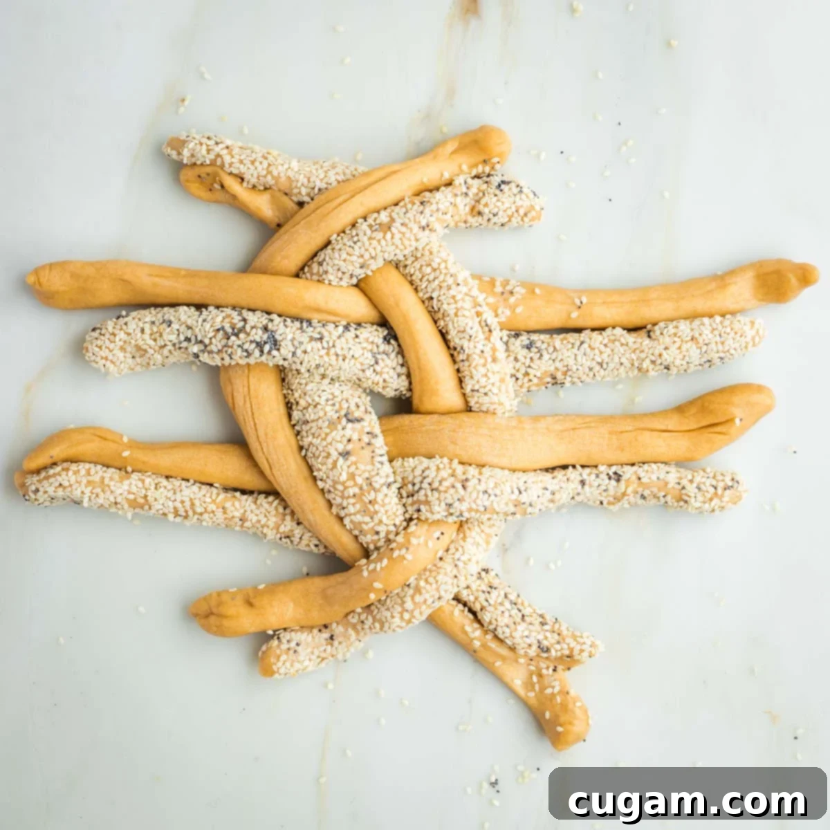 Golden Sweet Round Challah 28 Groups of dough strands with and without seeds, crossing over in a pattern.