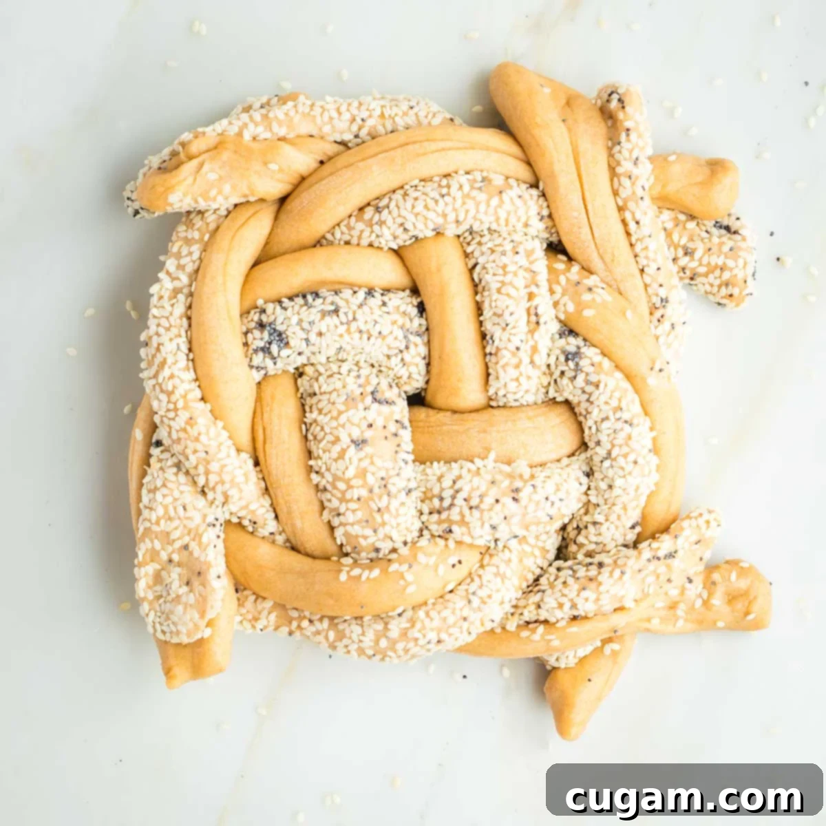 Golden Sweet Round Challah 31 Seeded and plain strands of bread dough in an over under braided pattern.