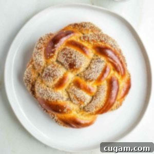 Golden Sweet Round Challah 46 Round, braided challah, some strands with sesame and poppy seeds.