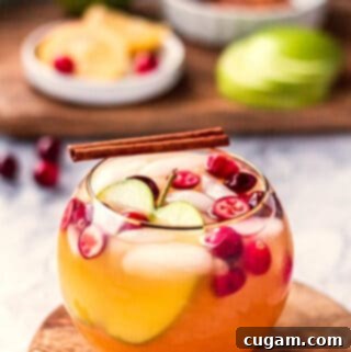 Classic Apple Cider Punch 4 Round glass of apple cider punch on wood board with lemon slice.
